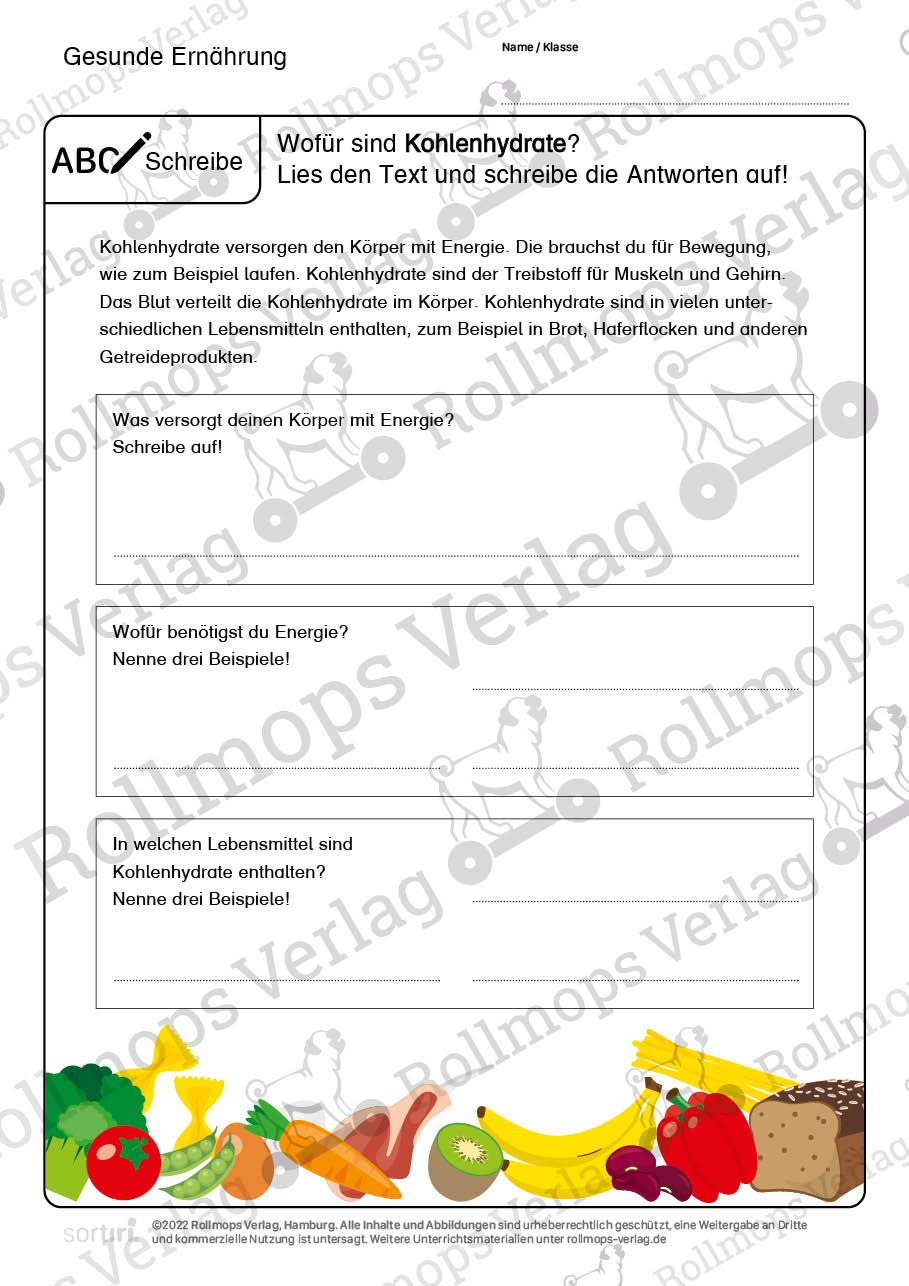 Gesunde Ernährung Arbeitsblatt schwer Kohlenhydrate