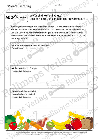 Gesunde Ernährung Arbeitsblatt schwer Kohlenhydrate